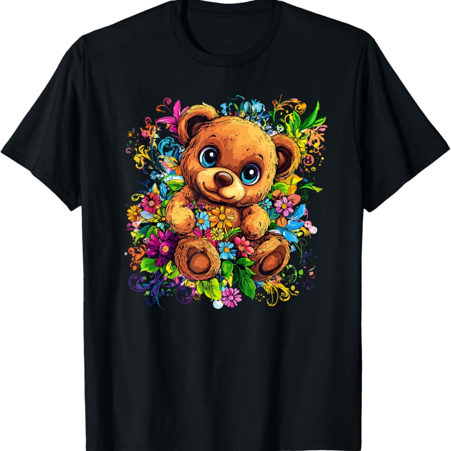 Adorable Teddy Bear Surrounded By Vibrant Flowers T-shtir - Walmart.com