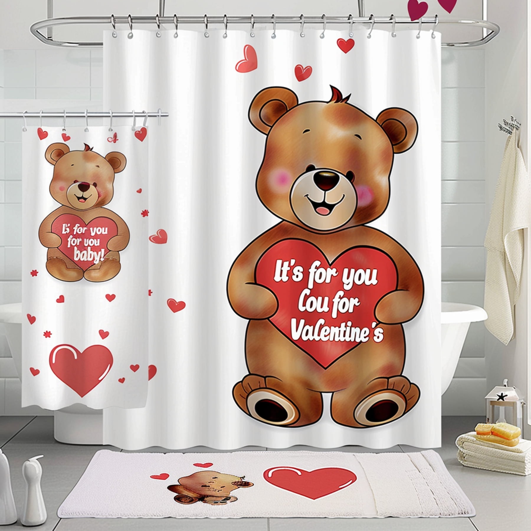 Adorable Teddy Bear Valentine's Shower Curtain Set Spread Love in Your