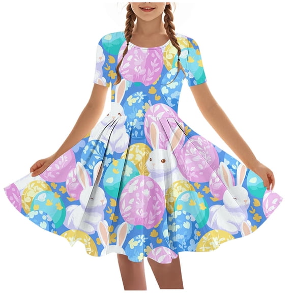 Adorable Toddler Strap Summer Dress Casual Short Sleeve Funny Easter Eggs Printed Stretchy A Line Dress School Recital Dress Blue 11-12 Years