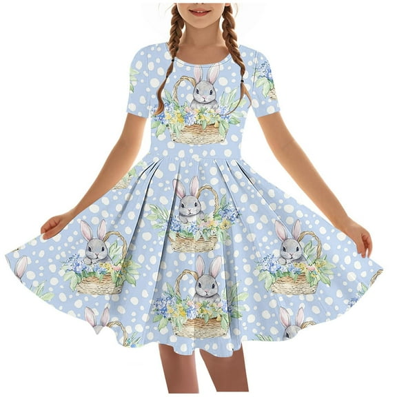 Adorable Toddler Strap Summer Dress Casual Short Sleeve Funny Easter Eggs Printed Stretchy A Line Dress School Recital Dress Blue 4-5 Years