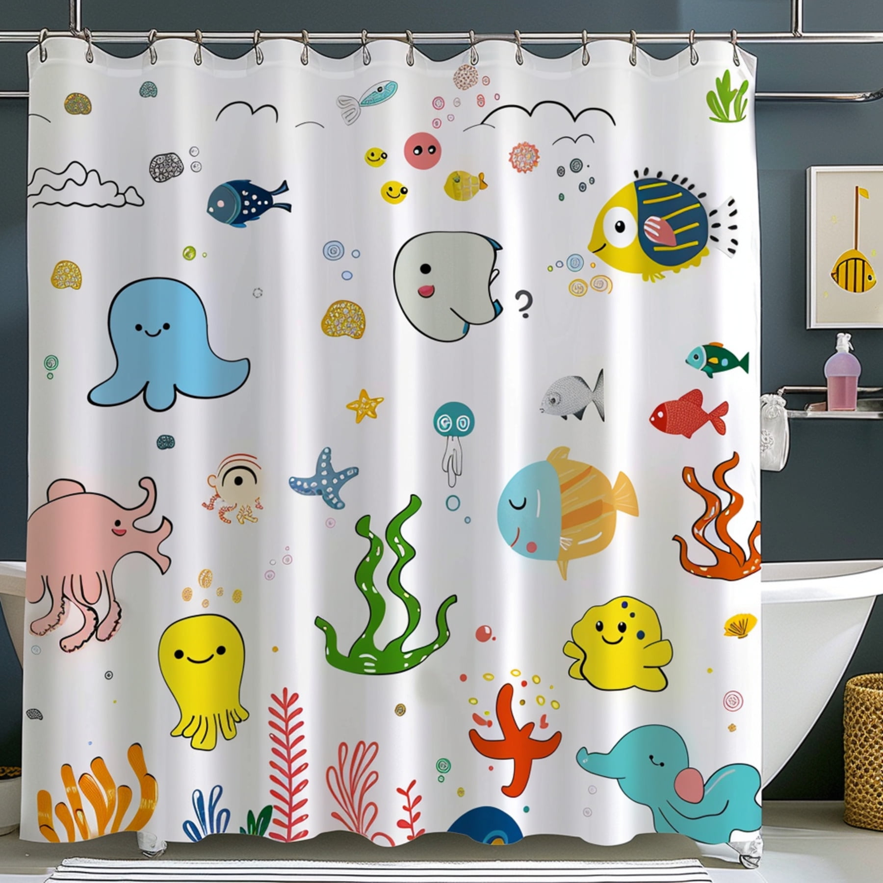 Adorable Underwater Creatures Kids Shower Curtain Colorful Fish Cartoon