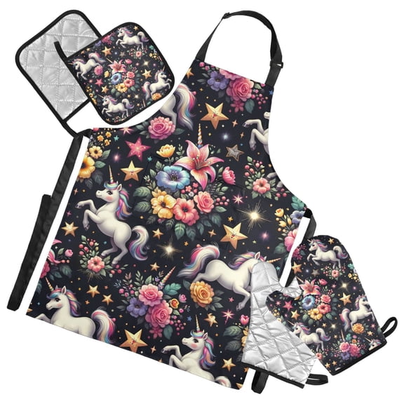 Adorable Unicorns and Beautiful Flowers 5 Pcs Kitchen Set Heat Resistant Oven Mitts and Non-Slip Pot Holders with Adjustable Cooking Apron