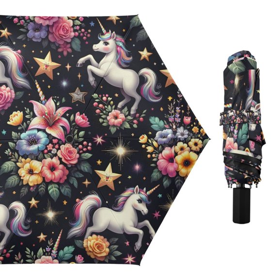 Adorable Unicorns and Beautiful Flowers Compact Sun Umbrella Windproof Travel Umbrellas for Rain Strong Portable UV Protection