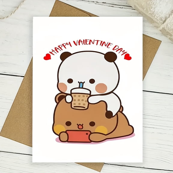 Adorable Valentines Day Card Cute Panda and Bear Design Perfect for Loved Ones, Friends, and Family Blank Inside, Envelope Included
