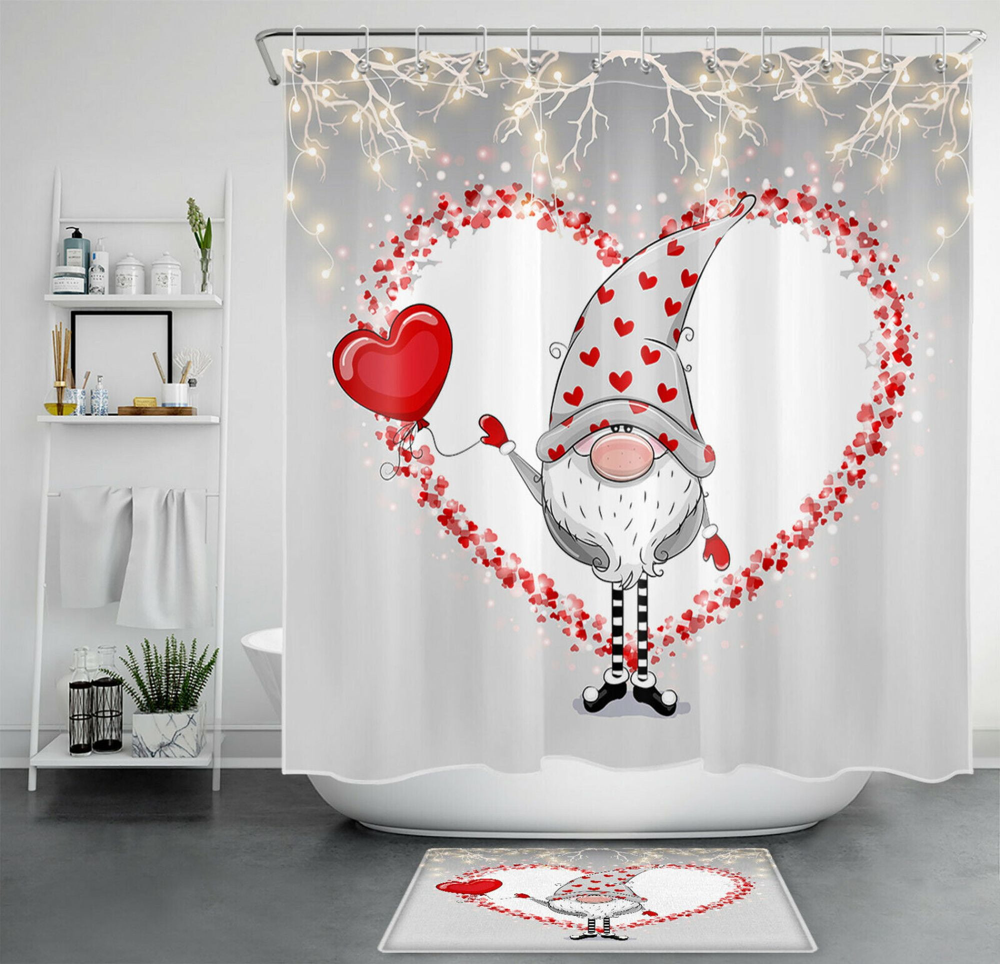 Adorable Valentine's Day Gnome Shower Curtain Set with Red Love Heart Perfect Bathroom Decor
