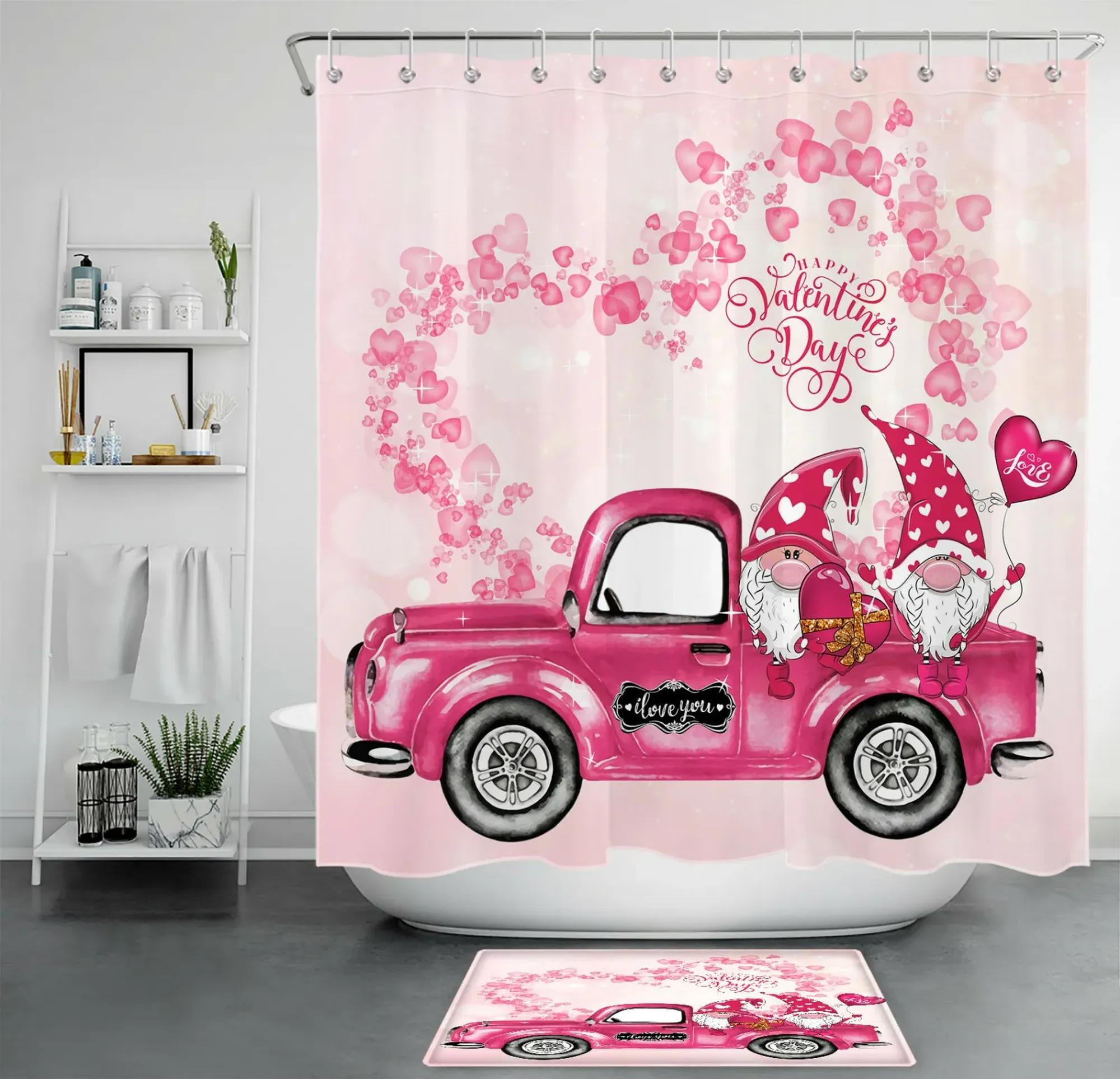 Adorable Valentine's Day Gnomethemed Bathroom Makeover with Pink Truck Shower Curtain Set and