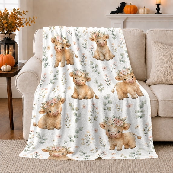 Adorable Watercolor Cows Flower Crowns White, Playful Botanical Garden Scene, Warm Flannel Blanket for Ranch House and Living Room, Animal Lovers Mother's Day Gift, Playful Home Decor