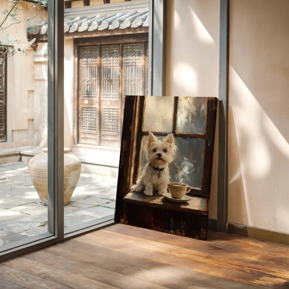 Adorable Westie Dog With Coffee Art - Cozy Rustic Window Scene For Dog Lovers And Coffee Enthusiasts Wall Art, Modern Wall Decor, 12x18 UNFRAMED