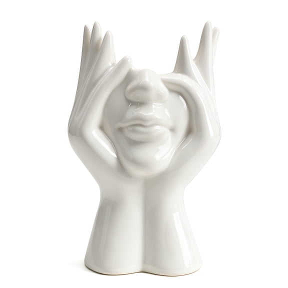 Unique Hands Covering Eyes Face Planter, White Ceramic Sculpture Vase, Multi-functional for Plants, Flowers & Makeup Brush Holder, Artistic Desktop Decor, Indoor Outdoor, Gift for Her