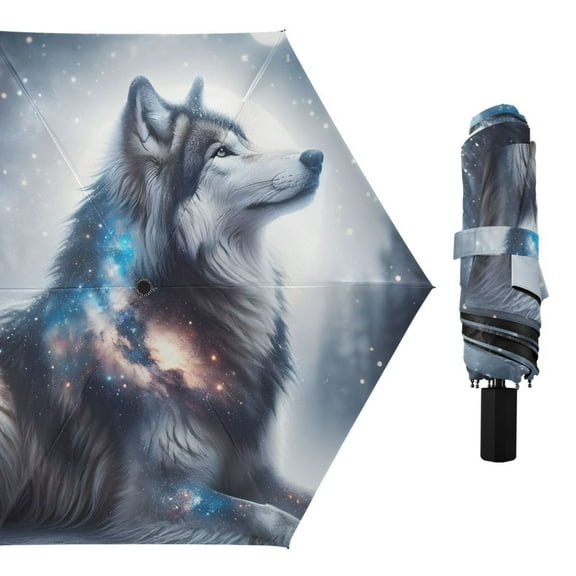 Adorable Wolf in Night Compact Sun Umbrella Windproof Travel Umbrellas for Rain Strong Portable UV Protection