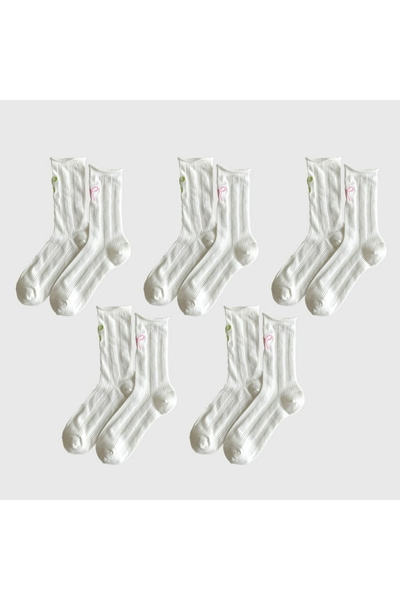 Adorable Women's Bow-Embroidered Ribbed Ankle Socks 5Pk - White