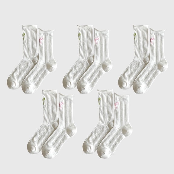Adorable Women's Bow-Embroidered Ribbed Ankle Socks 5Pk - White