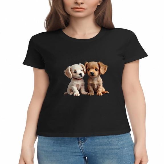 Adorable Women's Cotton Short Sleeve T-Shirt with Cute Fluffy Puppy Print - Perfect for Dog Lovers - Black Tee Top