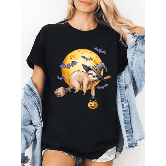 Adorable Women’s Halloween Shirt - Charming Sloth Witch Hat Graphic Tee