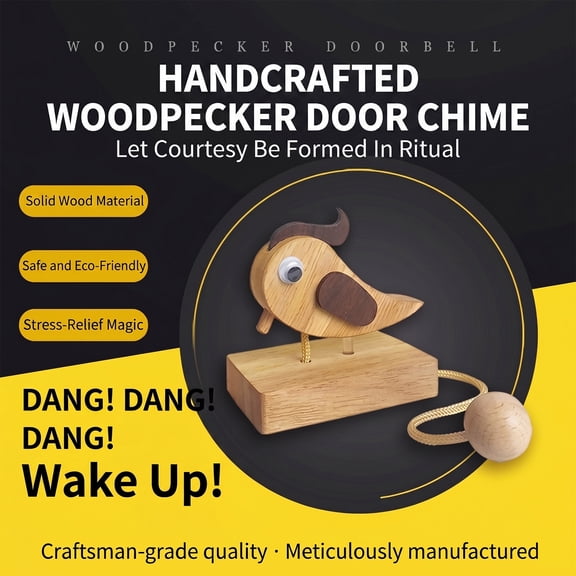 Adorable Wooden Door Knocker, Woodpecker Decoration Doorbell with Pull Rope Handcrafted Bird Decor for Home Entrance, Rustic Holiday Decor Front Door Decor