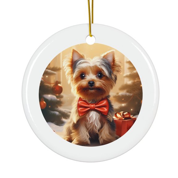 Adorable York Dog With Red Bow Magical Season Treasure For Gifts And Surprises Hanging Round Ornament