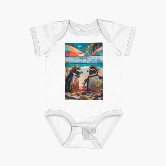 Adorable penguins at the beach Short Sleeve Baby One-Piece - 1907