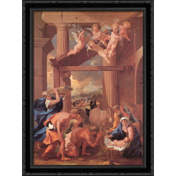 Adoration of the Shepherds 28x36 Large Black Ornate Wood Framed Canvas Art by Nicolas Poussin