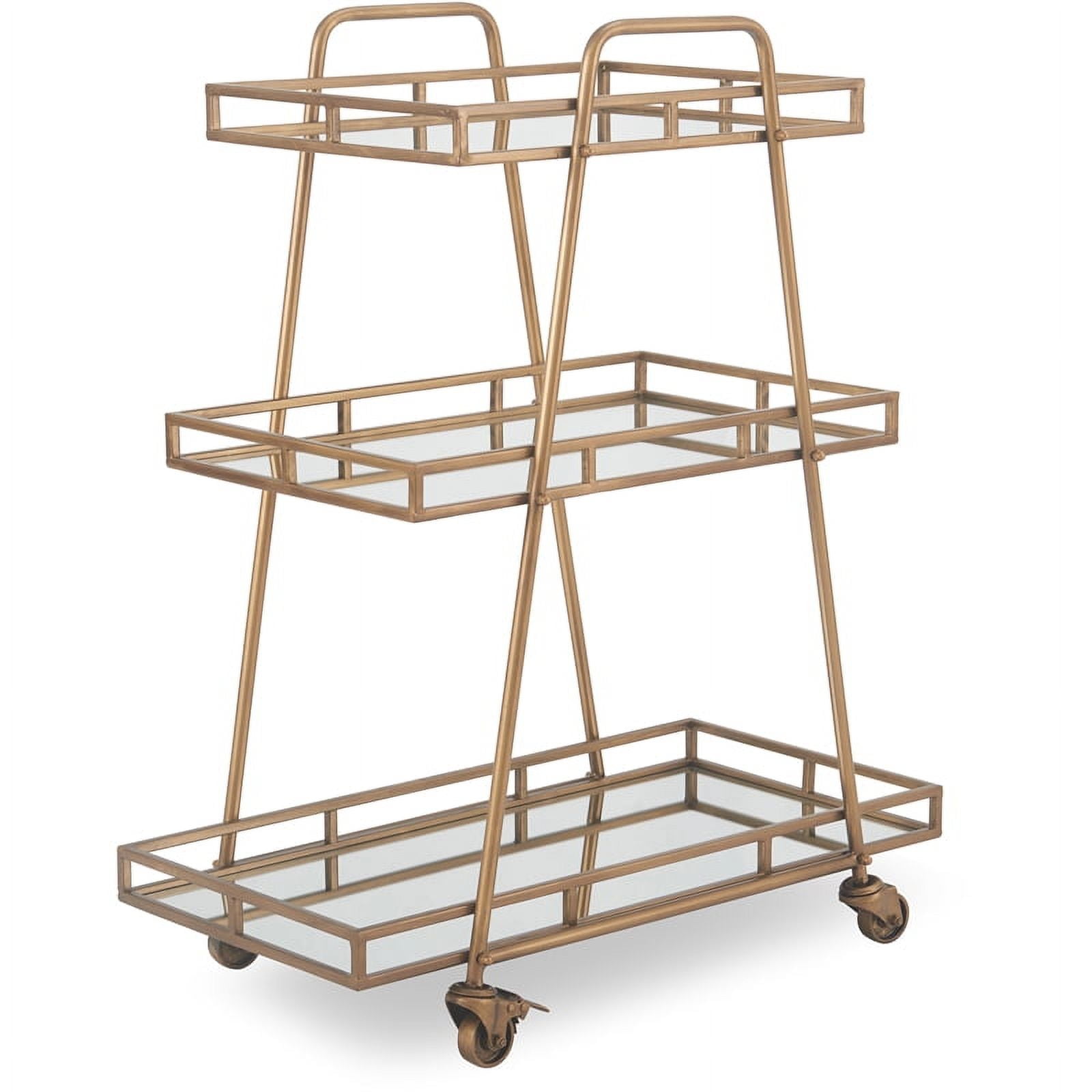 Elegant Antique Gold Rolling Bar Cart with Mirrored Shelves