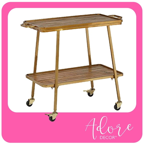 Adore Decor Felix 2 Tier Bar Cart with Rolling Wheels in Gold