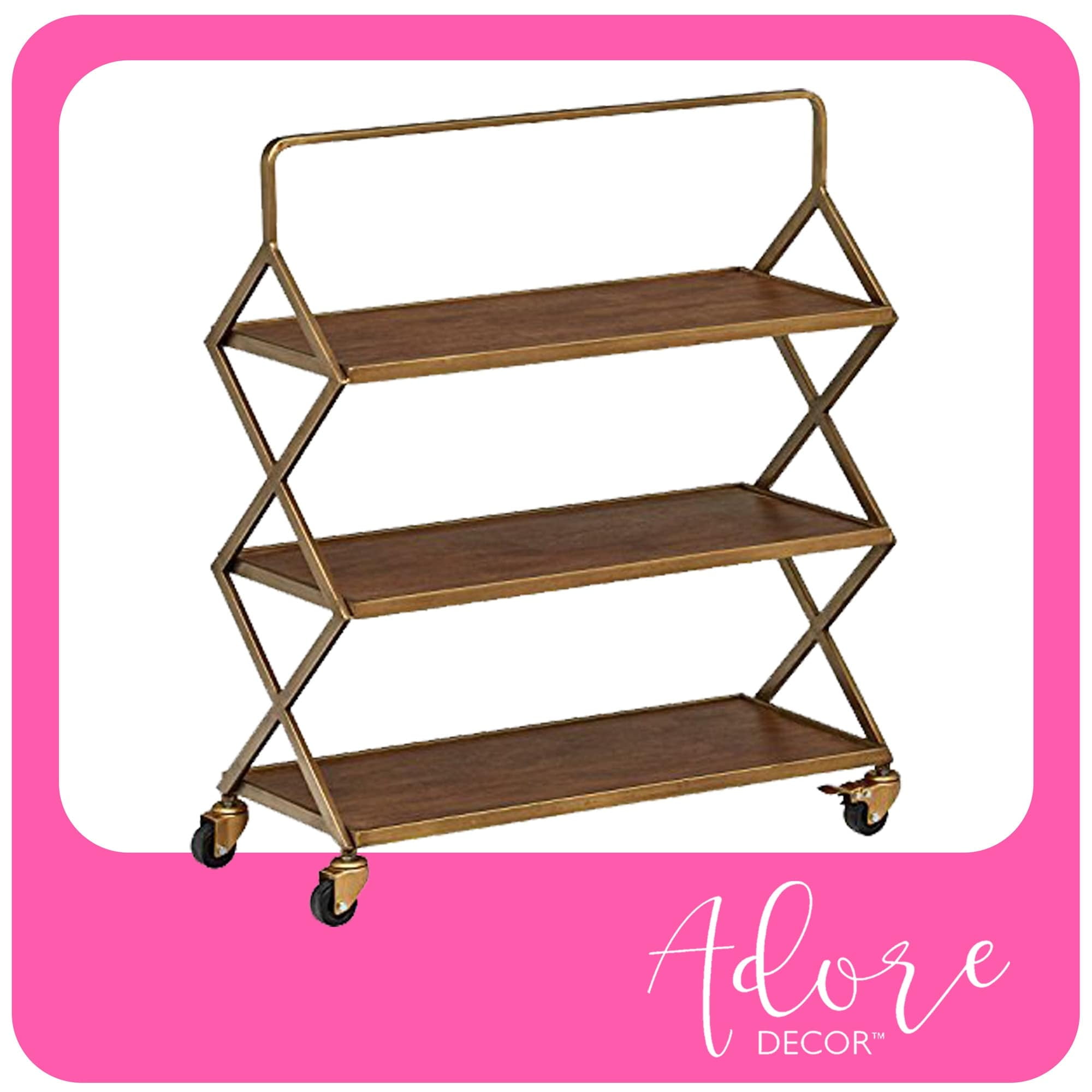 Hudson Gold and Wood Rolling Bar Cart with Storage