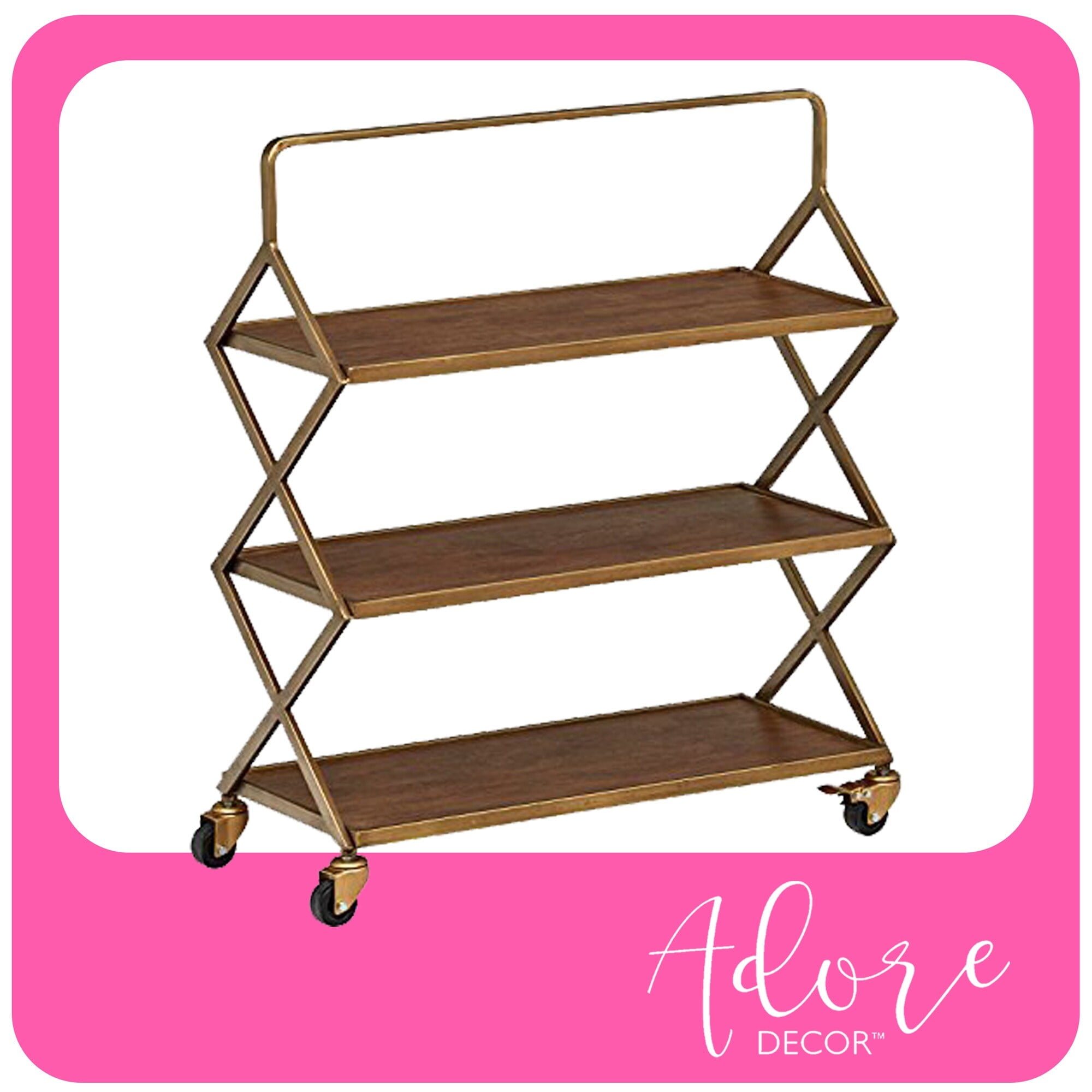 Hudson Gold and Wood Rolling Bar Cart with Storage