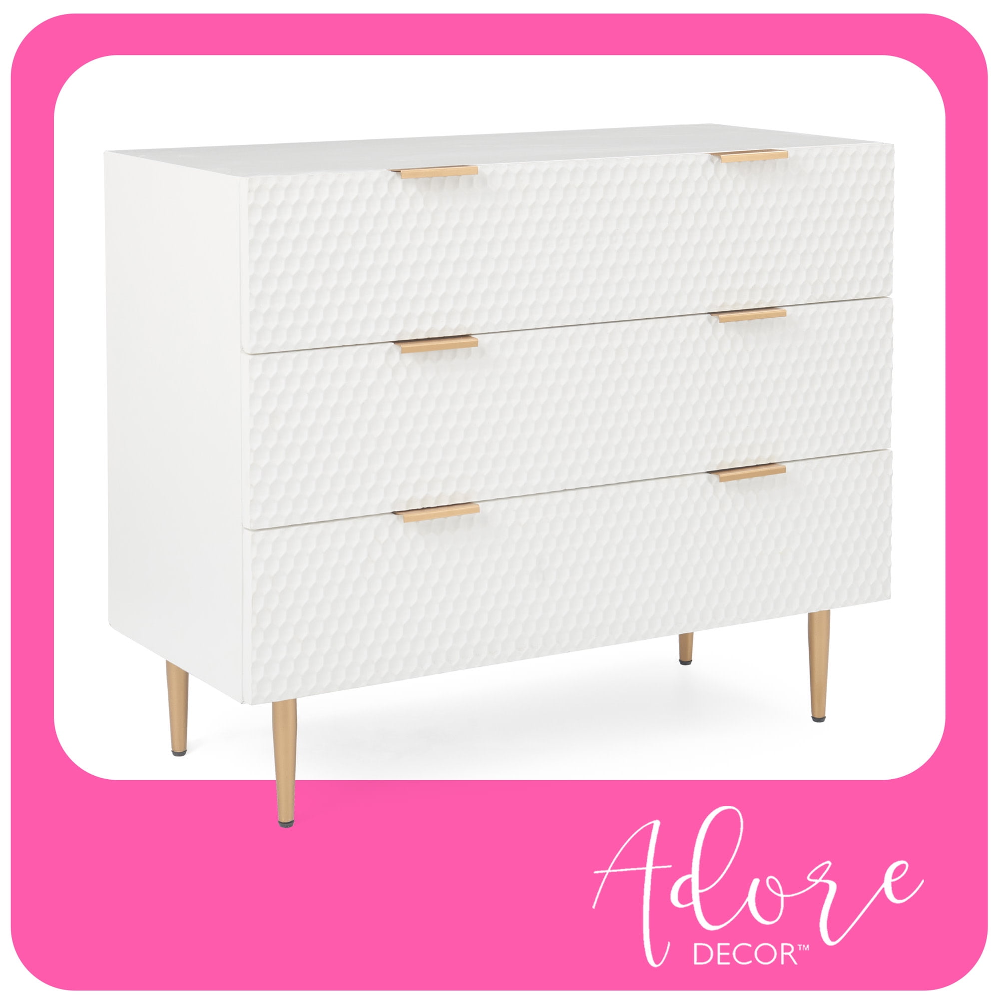 White Honeycomb Textured 3-Drawer Dresser with Gold Accents