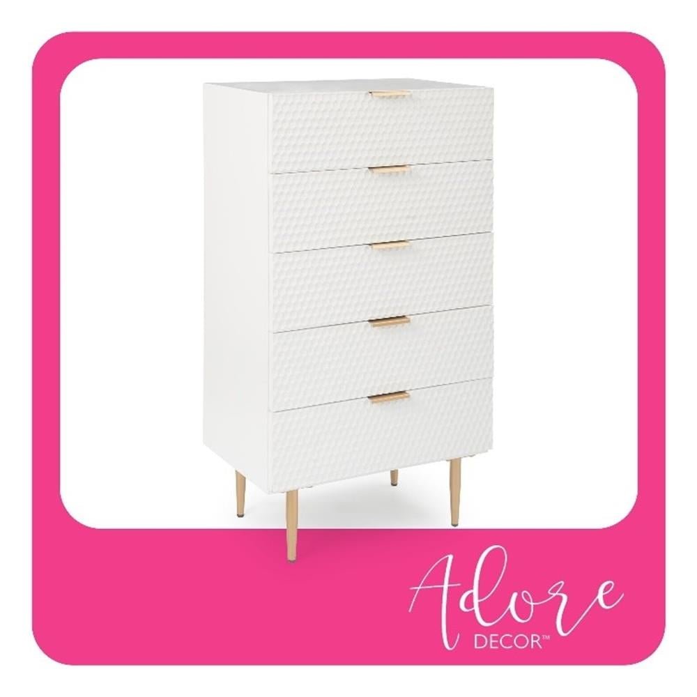 White Geometric 5-Drawer Tallboy Dresser with Gold Accents