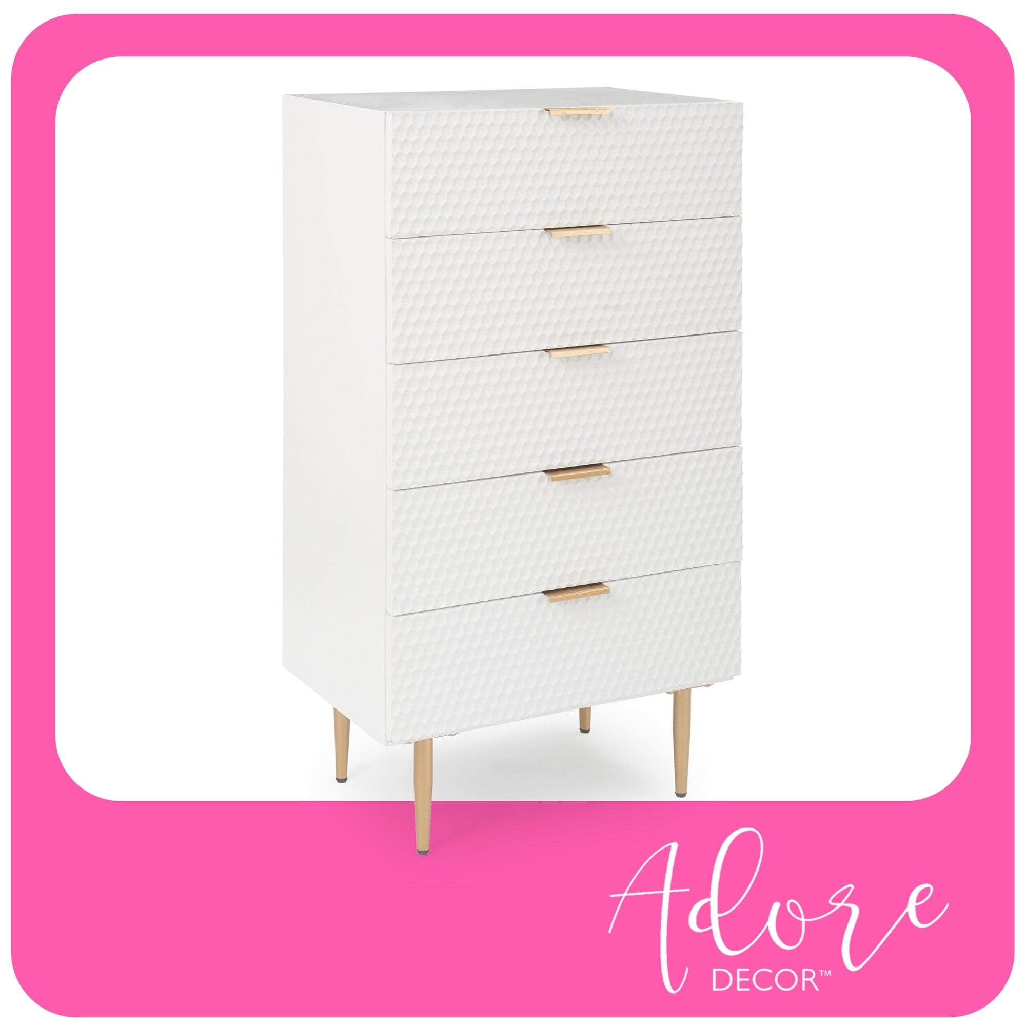 White Geometric 5-Drawer Tallboy Dresser with Gold Accents