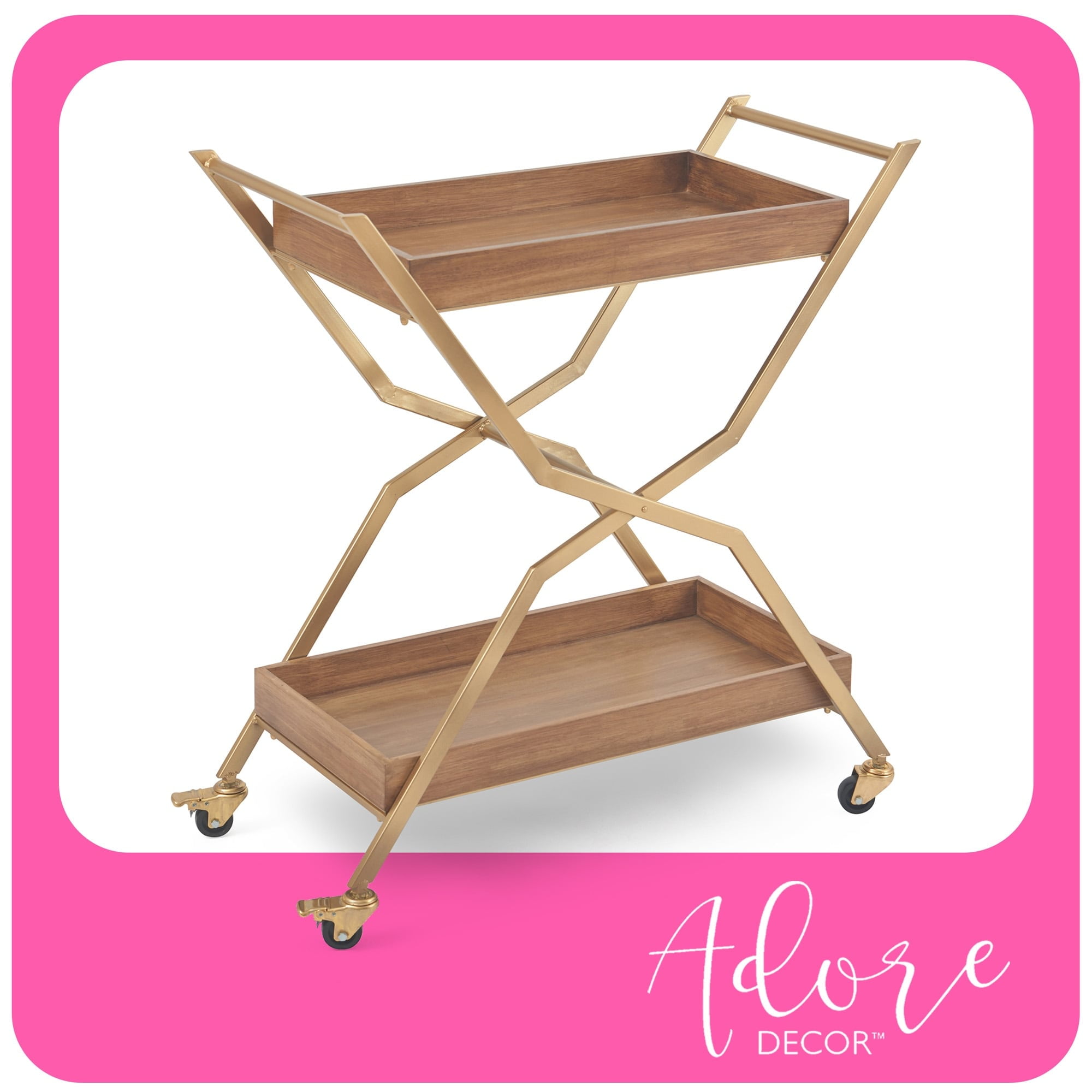 Gold and Walnut Wood 2-Tier Rolling Bar Cart with Storage
