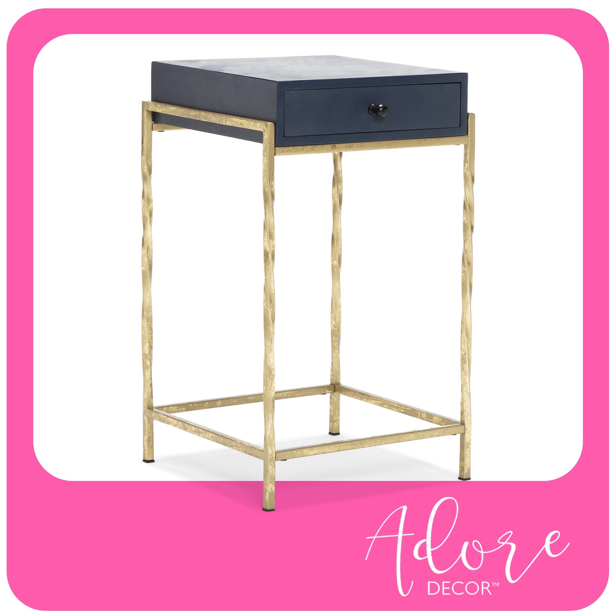 Navy Blue Mango Wood Accent Table with Gold Metal Frame
