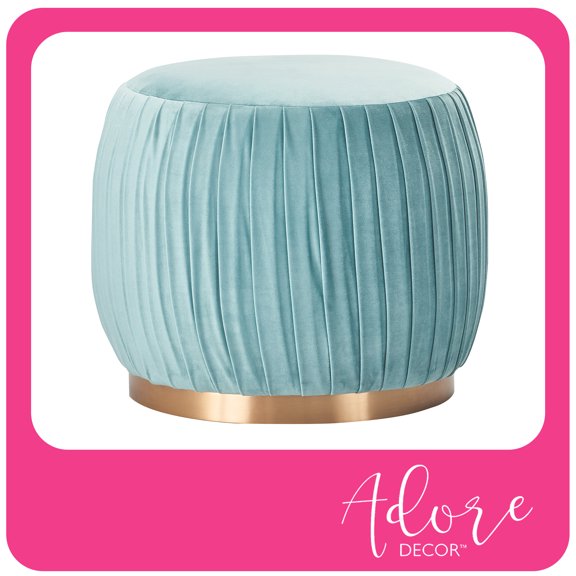 Adore Decor Jolie Modern Pleated Velvet Ottoman in Teal Blue