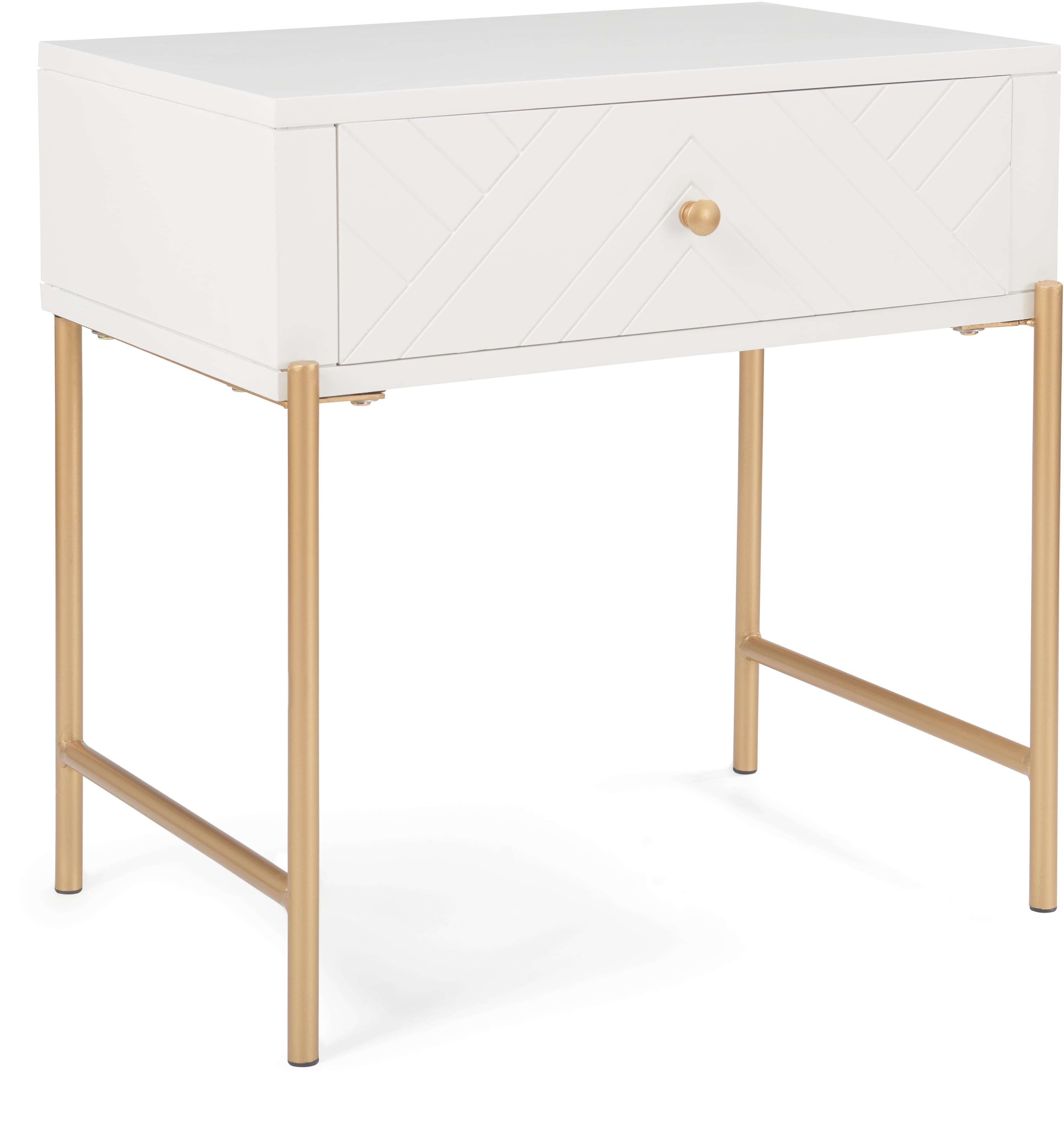 White and Gold Rectangular Wood and Metal Side Table with Drawer
