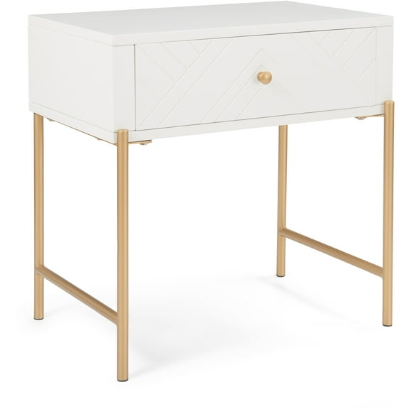 Adore Decor Jupiter Wood 1-Drawer Geometric Textured End Table in White/Gold