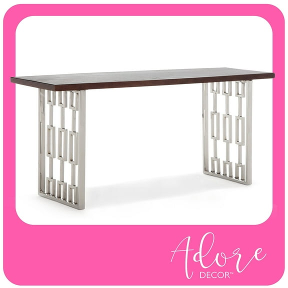 Adore Decor Lennox Contemporary Wood and Silver Metal Bench Dark Walnut Brown