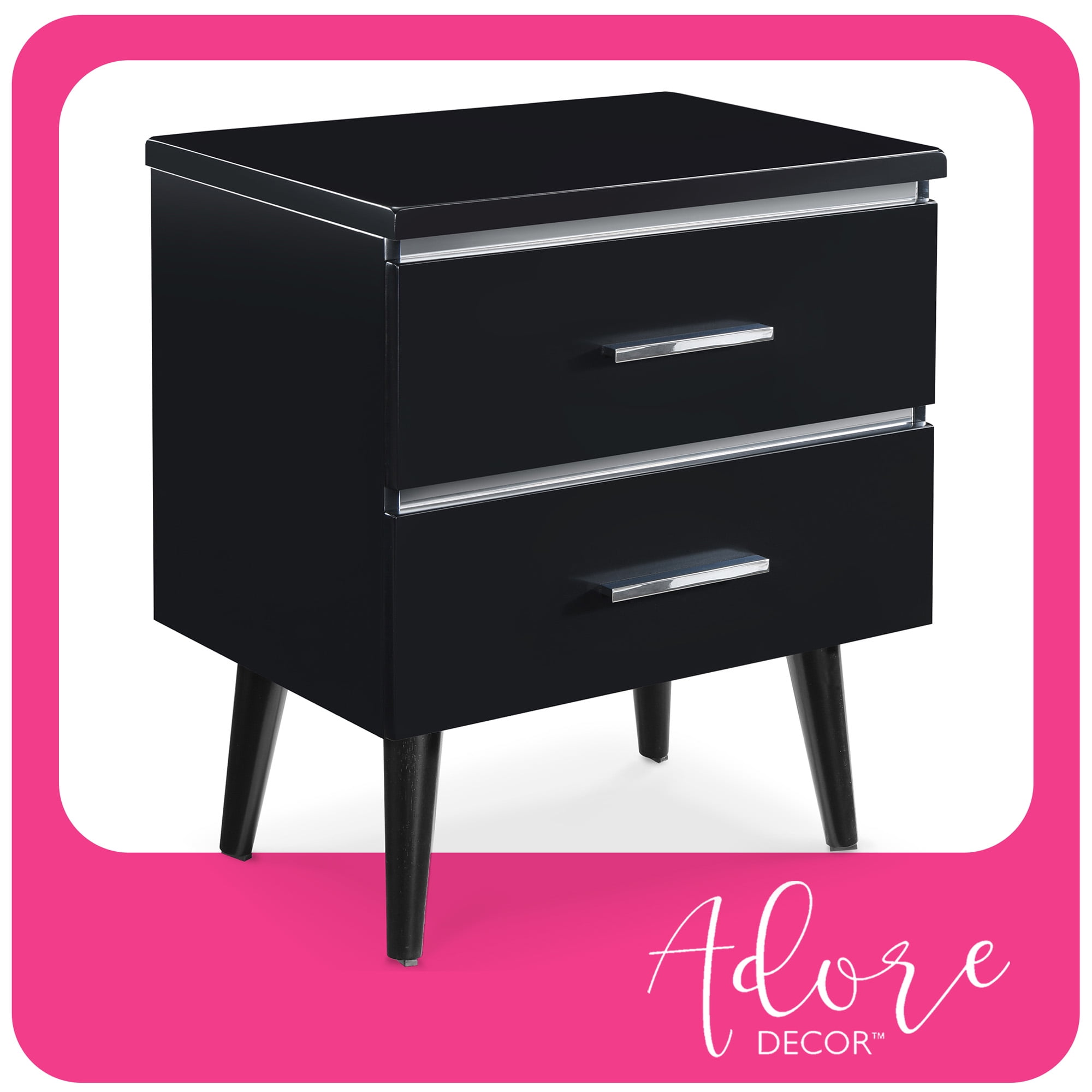 Lennox Black MDF 2-Drawer Nightstand with Chrome Handles