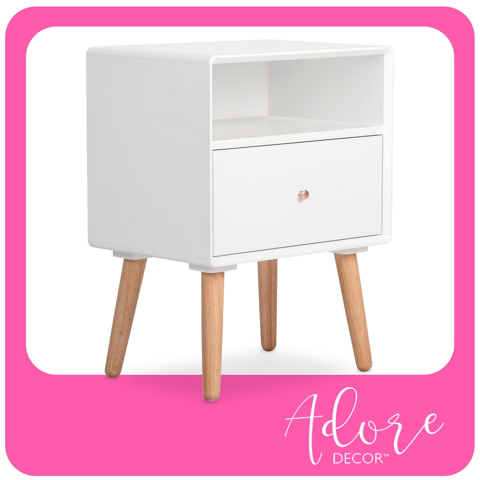 White and Natural Wood Midcentury Modern Side Table with Storage