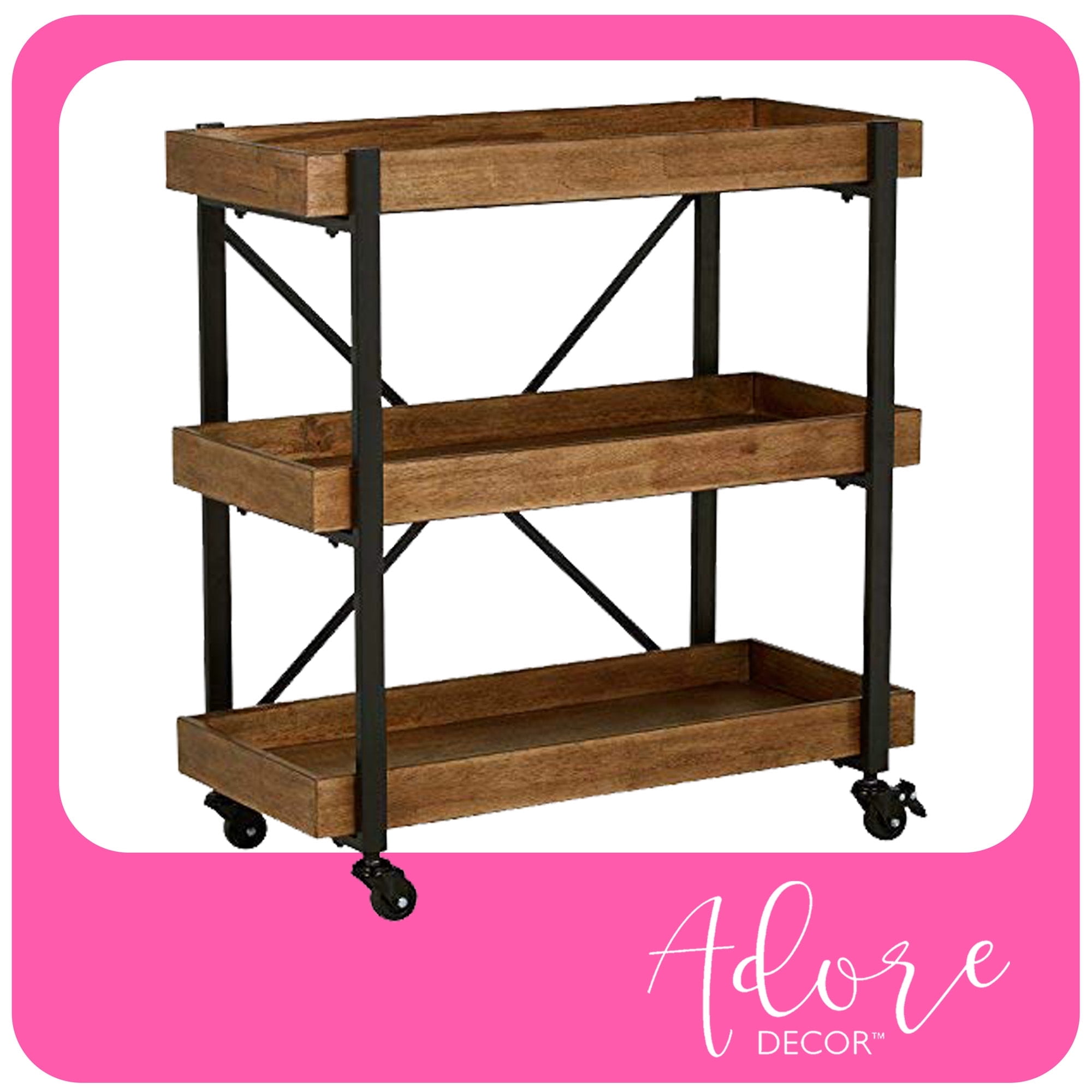 Riley Modern 3-Tier Rolling Bar Cart with Matte Black and Medium Brown Wood Finish