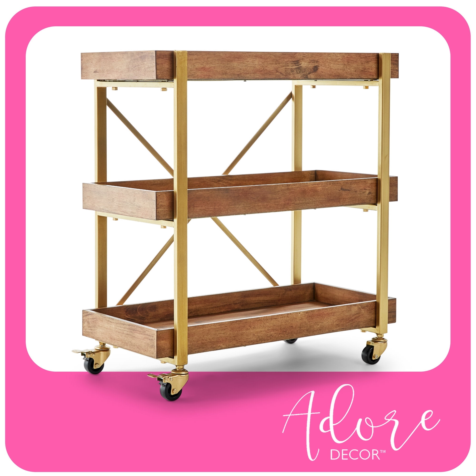 Riley Gold-Brown Wooden 3-Tier Rolling Bar Cart with Metallic Accents