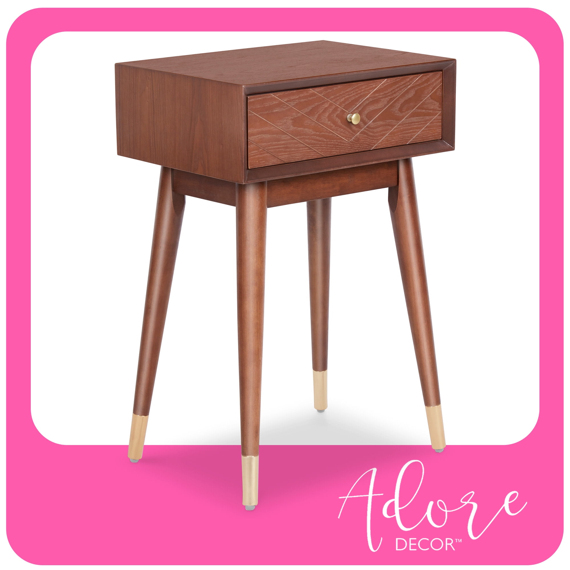 Walnut Brown Mid-Century Modern Side Table with Brass Accents