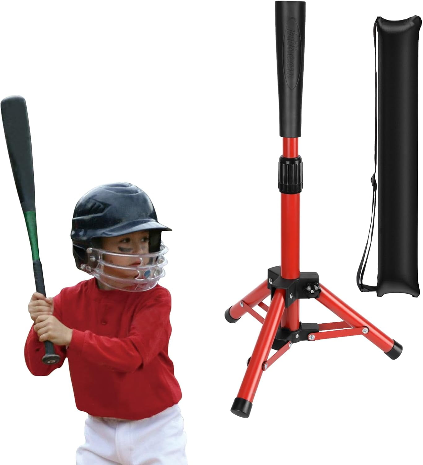 Adoreal Baseball Tee for Kids, Baseball Tee Baseball Batting Tee for Kids Softball & Baseball Practice Tee Easy Adjustable Height Portable Hitting Tee with Carry Bag(Red)