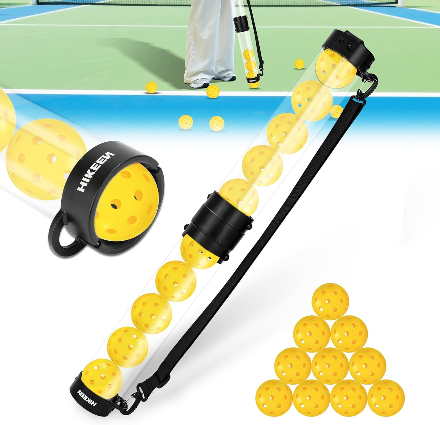 Adoreal Durable Pickleball Ball Retriever with 10 Pickleballs,Quick Pickup & Storage Pickleball Tube with Shoulder Strap for Pickleball Accessories - Includes 10 balls