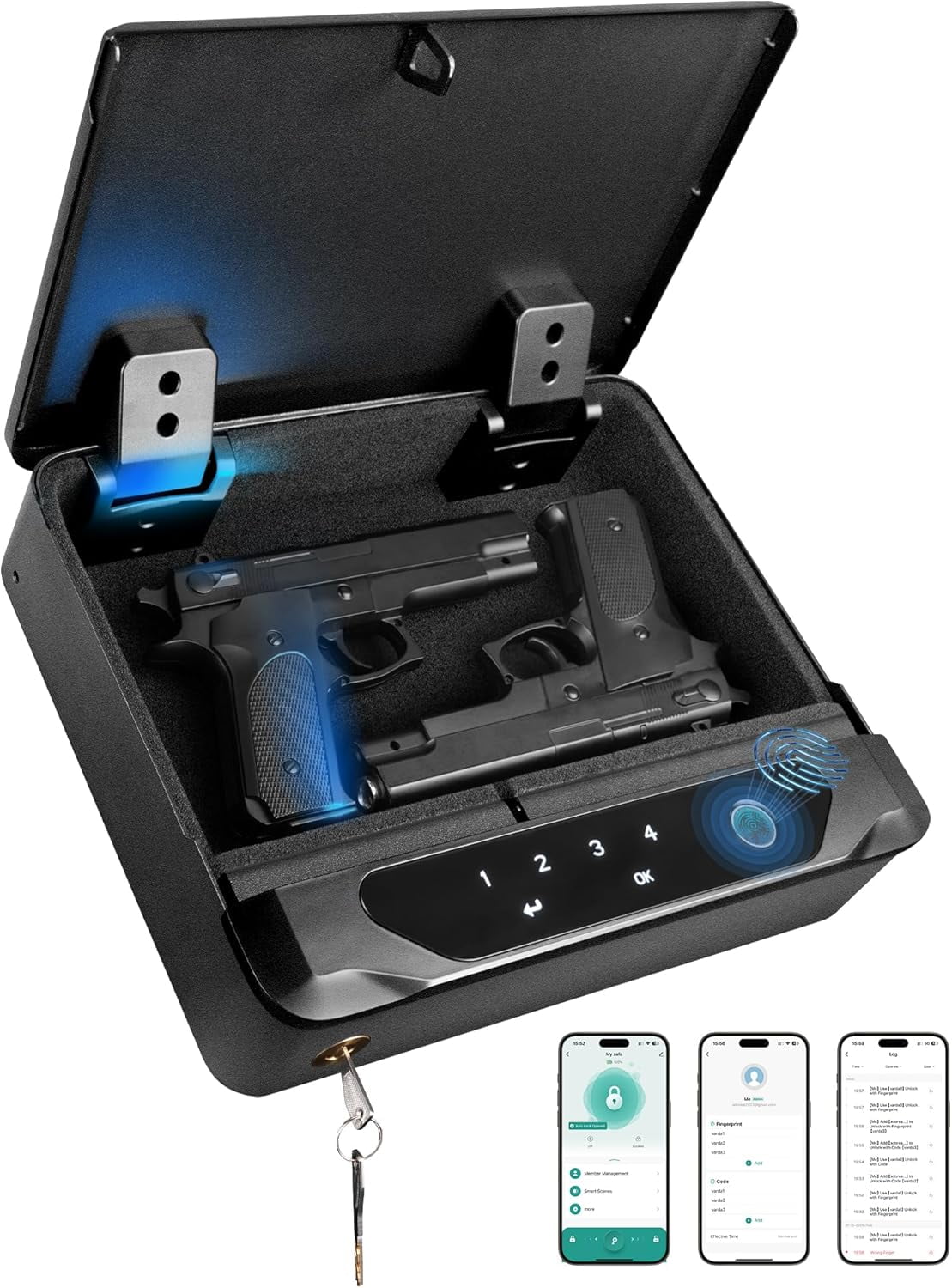 Adoreal Smart Biometric Gun Safe for Handguns, 4 Ways Quick-Access Fingerprint Gun Safe for Pistols, Fingerprint/Digital Keypad/Key/APP Gun Locks Box for 2 Guns, Sturdy Heavy Steel Construction