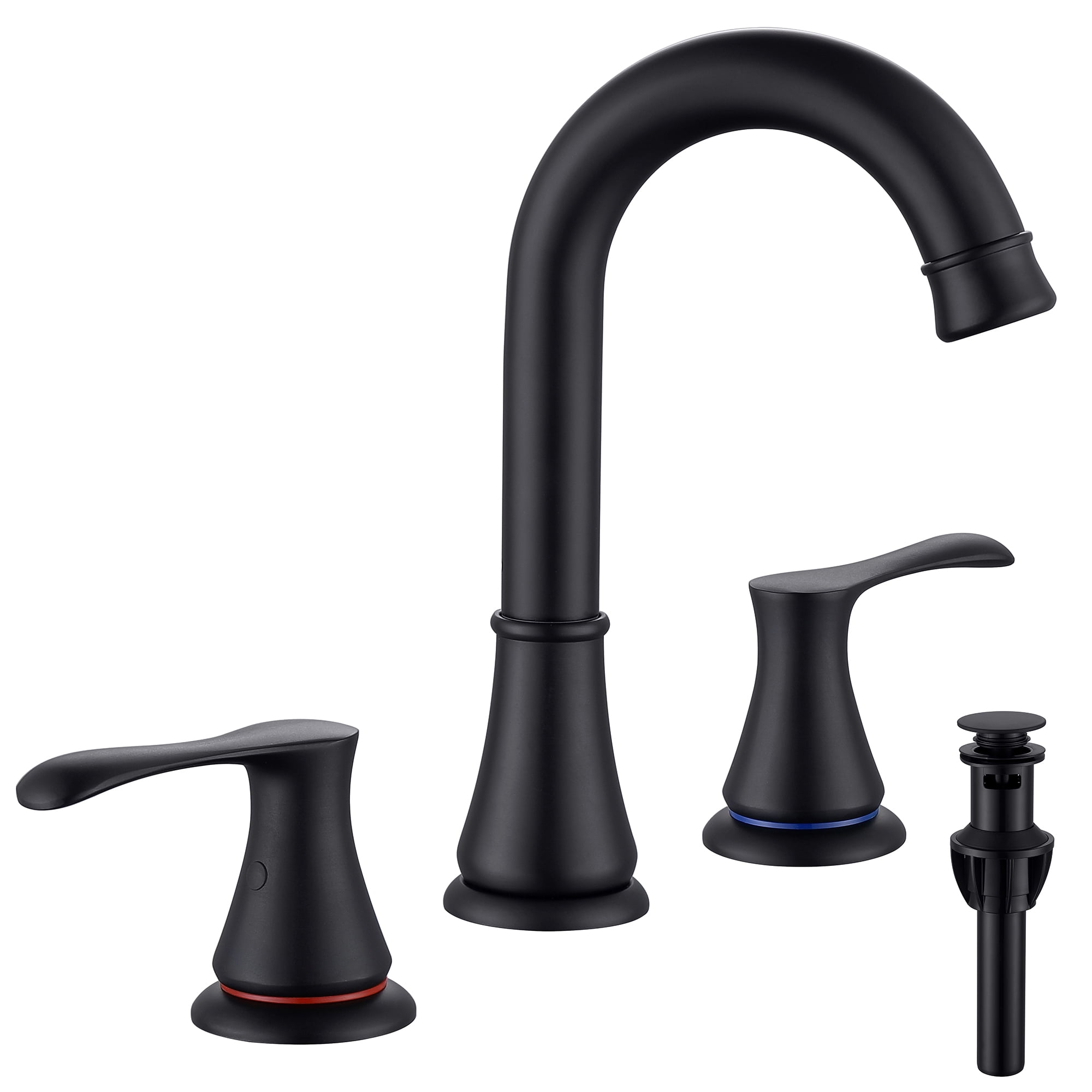 Adorer 3 Hole Bathroom Faucet with Pop-up Drain, 360 Degree Swivel Spout 2 Handle 8 inch Matte Black Widespread Bathroom Sink Faucet, Basin Faucet Mixer Taps