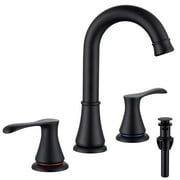 Adorer 3 Hole Bathroom Faucet with Pop-up Drain, 360 Degree Swivel Spout 2 Handle 8 inch Matte Black Widespread Bathroom Sink Faucet, Basin Faucet Mixer Taps