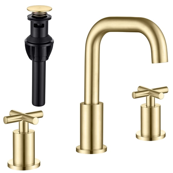 Adorer Brushed Gold 8 Inches Bathroom Faucet, 2 Handles Widespread Bathroom Sink Faucet 3 Hole with Pop-Up Drain Assembly - 33163BG