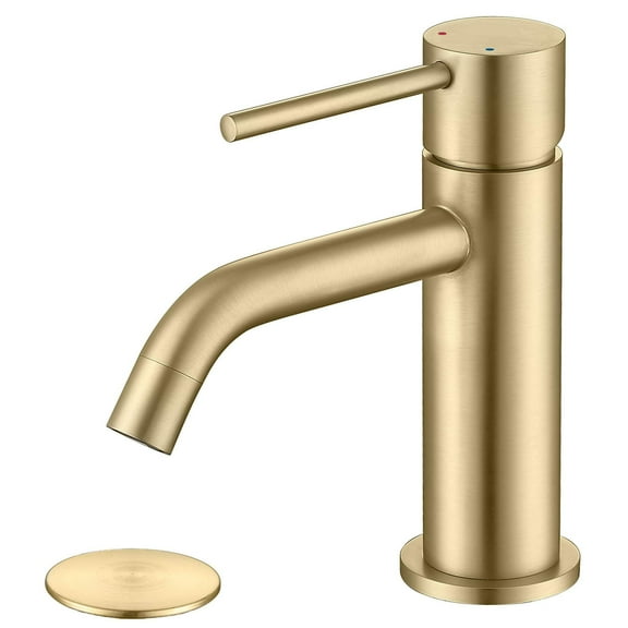 Adorer Brushed Gold Bathroom Faucet, Single Handle Brass Sink Faucet Bathroom Single Hole with Pop Up Sink Drain Assembly and Water Faucet Supply Lines