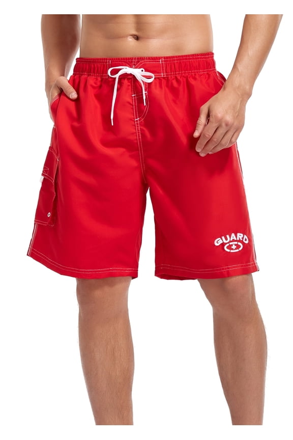 Men's Guard Swimsuit Board Shorts Swim Trunks Mesh Liner (MG001) - Red - Medium