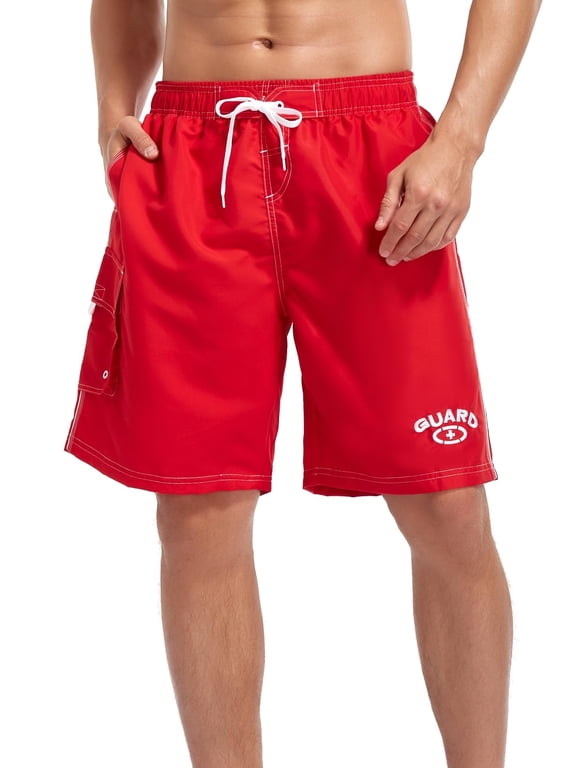Men's Guard Board Shorts Swim Trunks with Mesh Liner, Designed for Guard Uniform Swimwear (MG001) - Red - X-Large