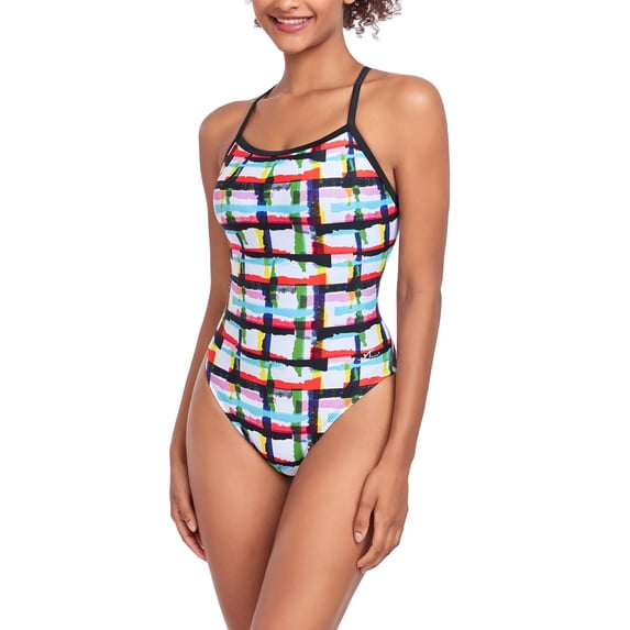 Adoretex Printed One Piece Thin Strap Athletic Swimsuit, Team or Practice Swimwear for Girls and Women (FN051) - Rainbow - 30